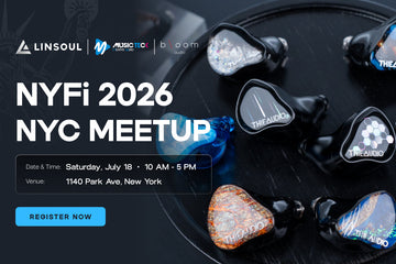 NYFi 2026 free audiophile meetup poster featuring Linsoul, Musicteck, and Bloom Audio at 1140 Park Ave, New York, NY on July 18, 2026 from 10 AM to 5 PM