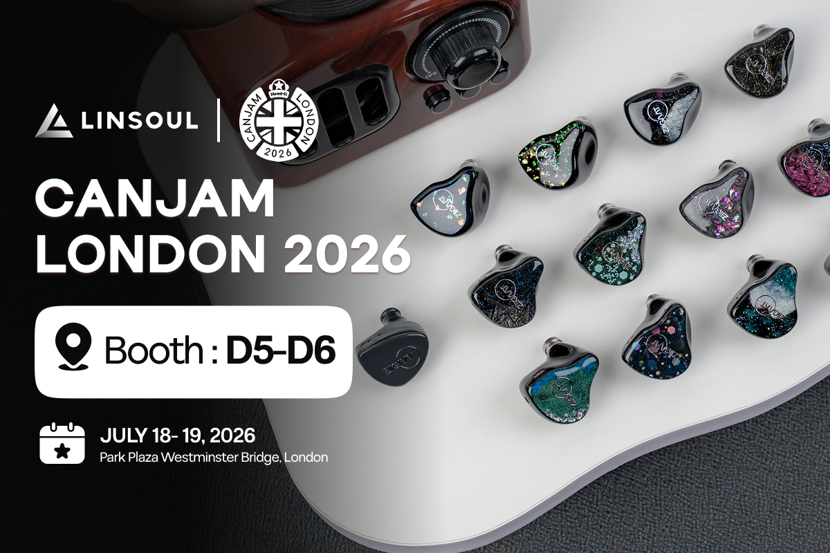 CanJam London 2026 poster announcing the 10th anniversary event at Park Plaza Westminster Bridge, July 18–19, featuring Linsoul Audio at Booths D5–D6.